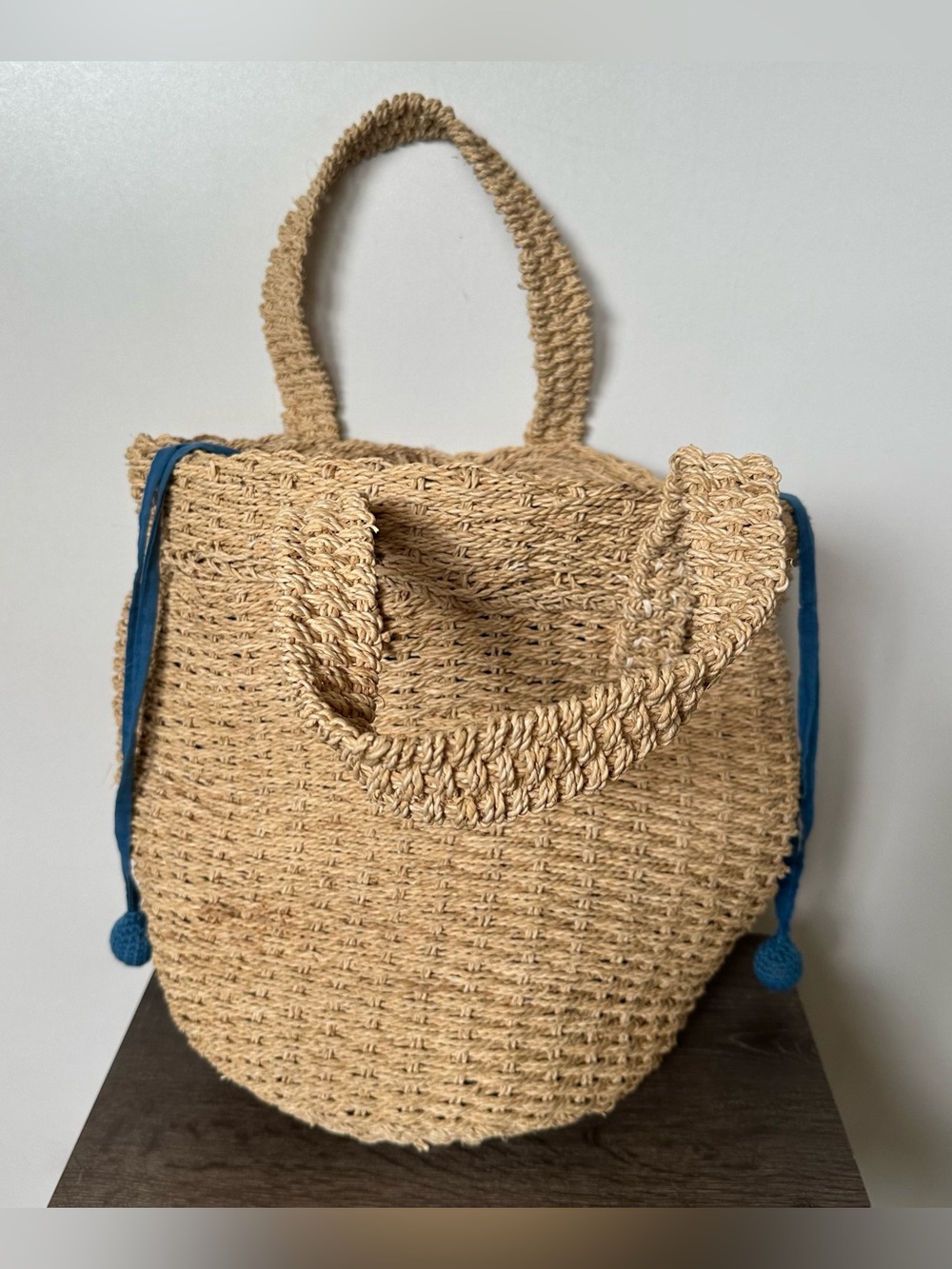 Handwoven Natural Straw Tote with Blue Drawstring
